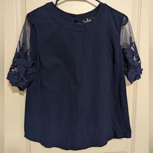 Lulus Lisa Marie Navy Embroidered Short Sleeve Top Size M
